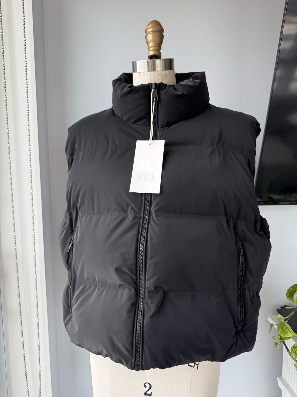 ZARA Black Quilted Sleeveless Puffer Vest with High Neck